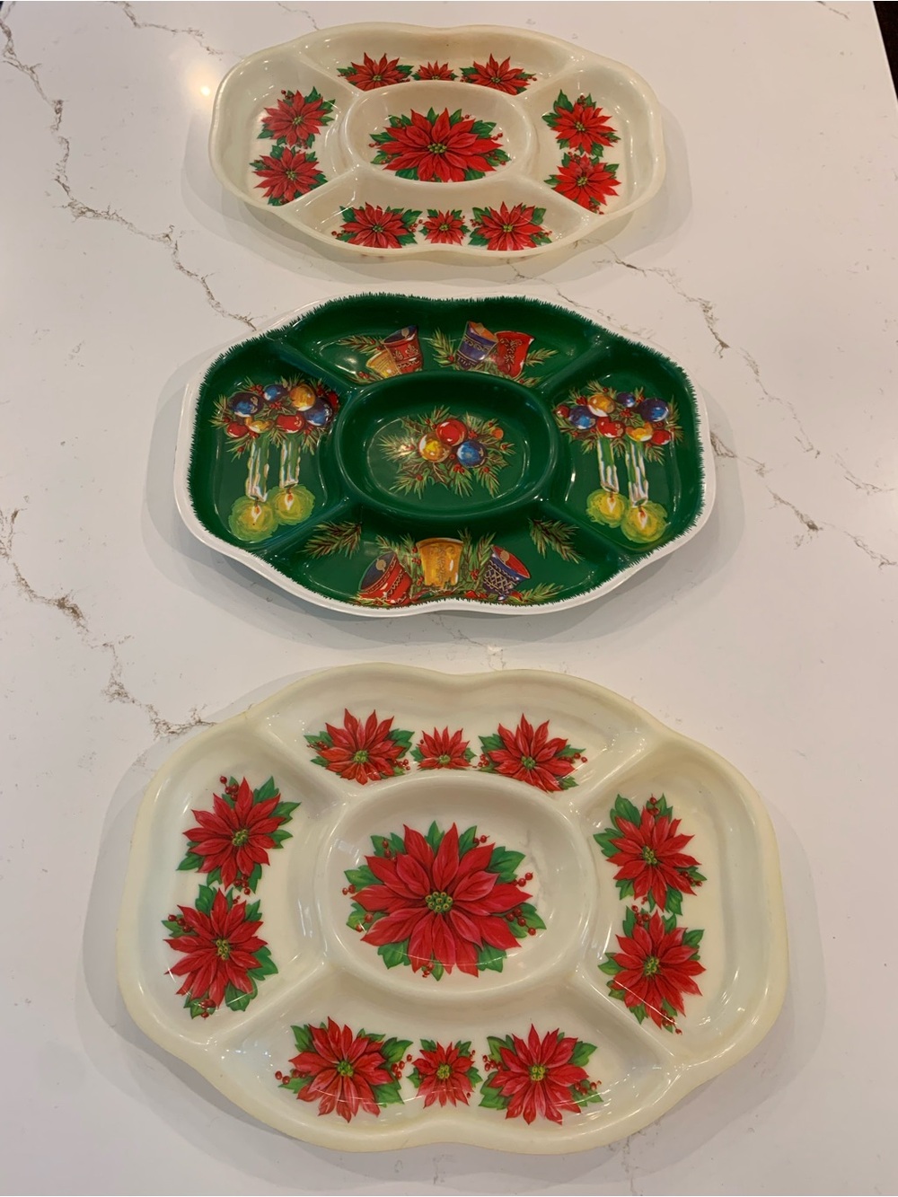 Vintage Plastic Serving Trays Set of (3) Divided 1970’s Holiday Platters 17”